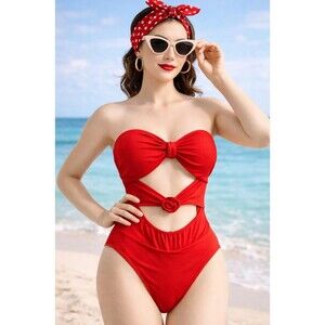 Red One Piece Swimsuit Cutout Bow Front High Cut Cheeky M